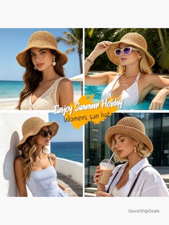 Sun Hat Women Summer Straw Beach Floppy Crochet Bucket Hat UV Protection